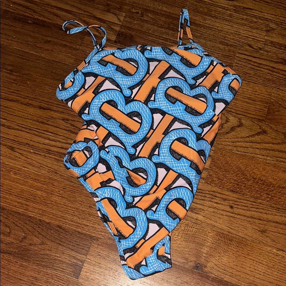 Swimwear with Blue and Orange B Pattern Not Burberry